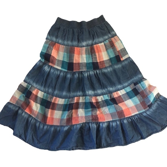 Faded Denim & Plaid Tiered Denim Prairie Peasant Skirt Sz. M Midi Length BOHO - Picture 1 of 5
